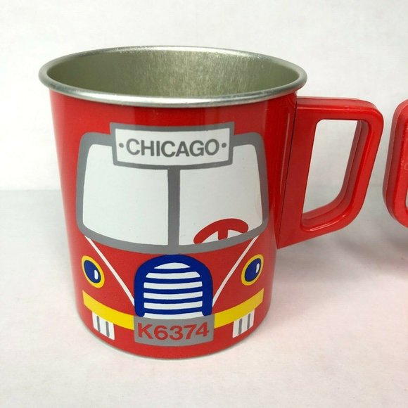 Sanrio Fancy Friends Vtg 2 Tin Cup Bundle Red Bus Chicago 1977 Japan Made Kawaii - Picture 3 of 9